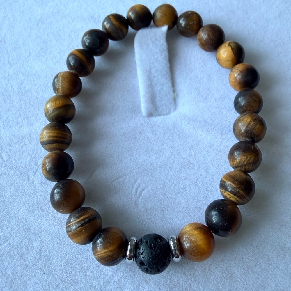 Tiger Eye Beaded Stretch Bracelet with Black Lava Accent